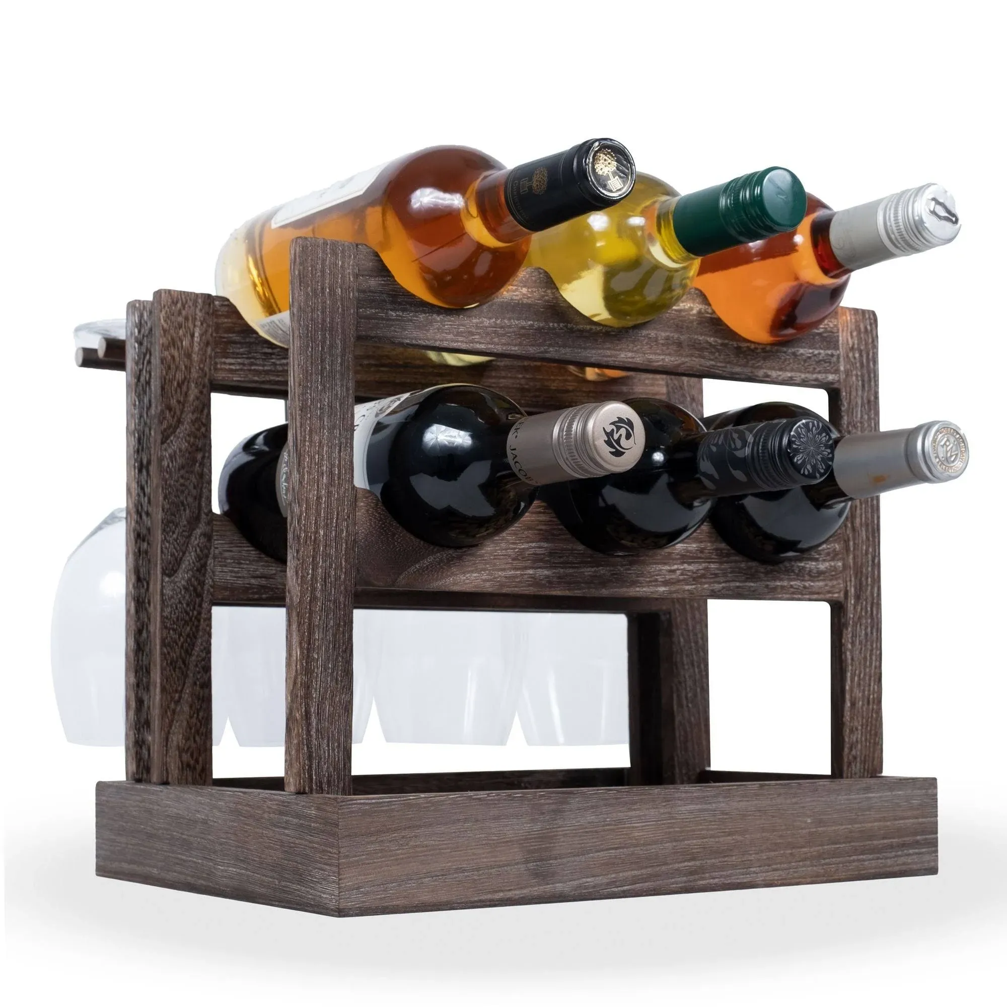 Rustic State Yapincak Burnt Brown Table Top Wine Rack with Stemware Holder and Cork Storage