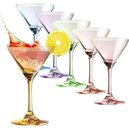 Martini Glasses Set of 6 | 8oz | Crystal Luxury Martini Glass - Elegant Colors - Premium Hand-Blown | Art Deco Cocktail Colored Coupes For Manhattan, Cosmopolitan, Sidecar, Speakeasy - Stemmed Goblets