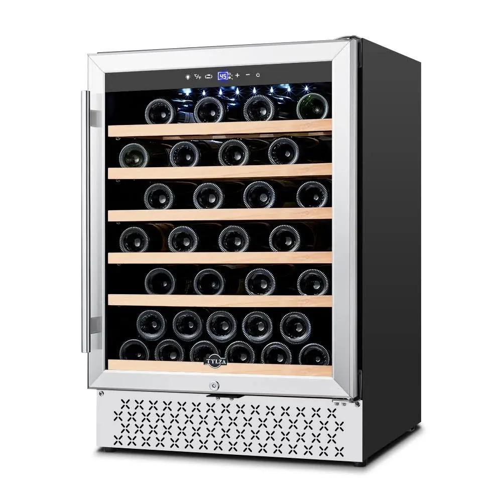 Tylza 24 Inch Wine Cooler Refrigerator 51 Bottle Built-in or Freestanding 24'' Fridge with Stainless Steel & Double Layer Tempered Glass Door and Temperature Memory Function