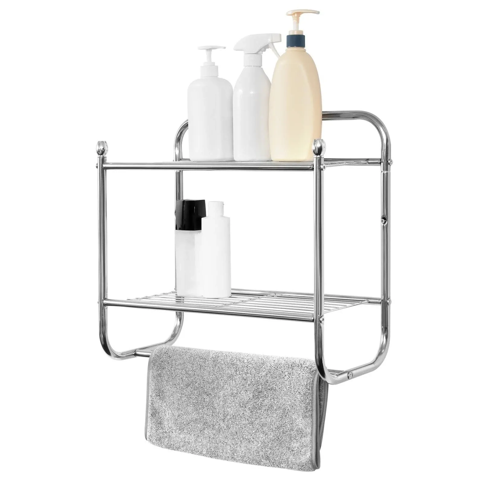 SunnyPoint Compact Wall Mount 2 Tier Bathroom Shelf with Towel Bars