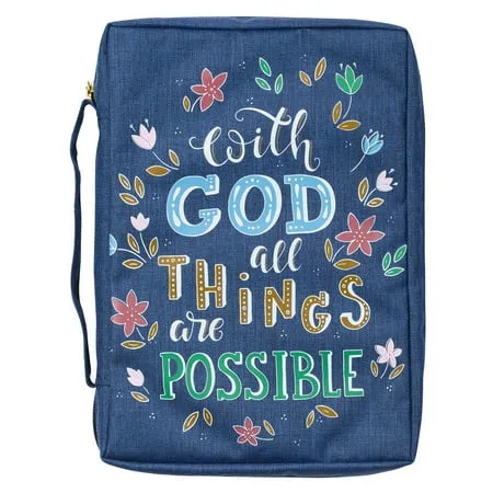 Christian Art Gifts Men/Women's Bible Cover with God All Things are Possible Matthew 19:26, Blue Floral Canvas, Medium