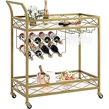 Gold Bar Cart, 2 Tier Bar Carts for The Home, Bar Carts with Wheels, Serving Cart with White Marble Finish Wood Shelf, Wine Rack & Glass Holder for Kitchen, Living Room, Dining Room