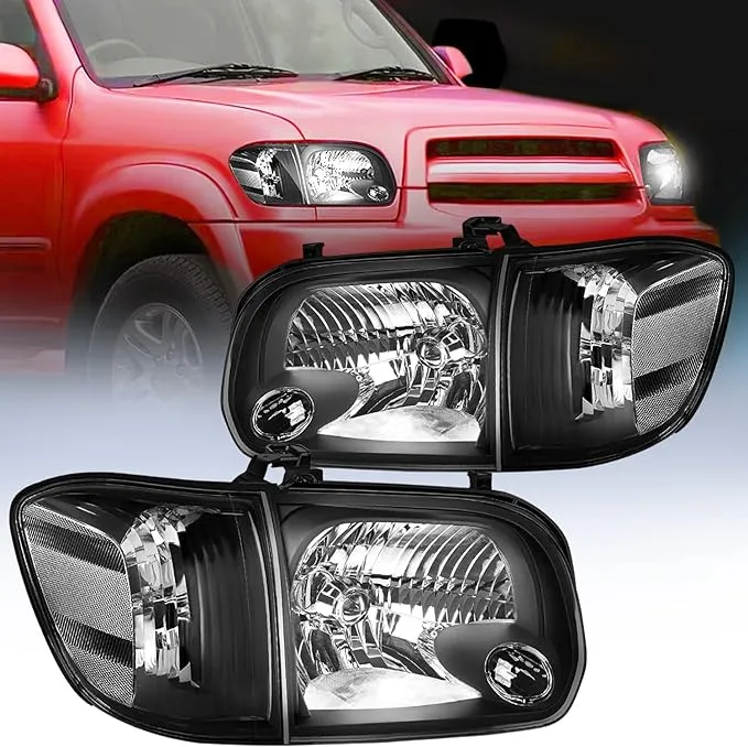 Nilight Headlight Assembly for 2005 2006 Toyota Tundra 4 Door Double Crew Cab 2005 2006 2007 Sequoia Pickup Replacement Black Housing Clear Reflector Driver and Passenger Side