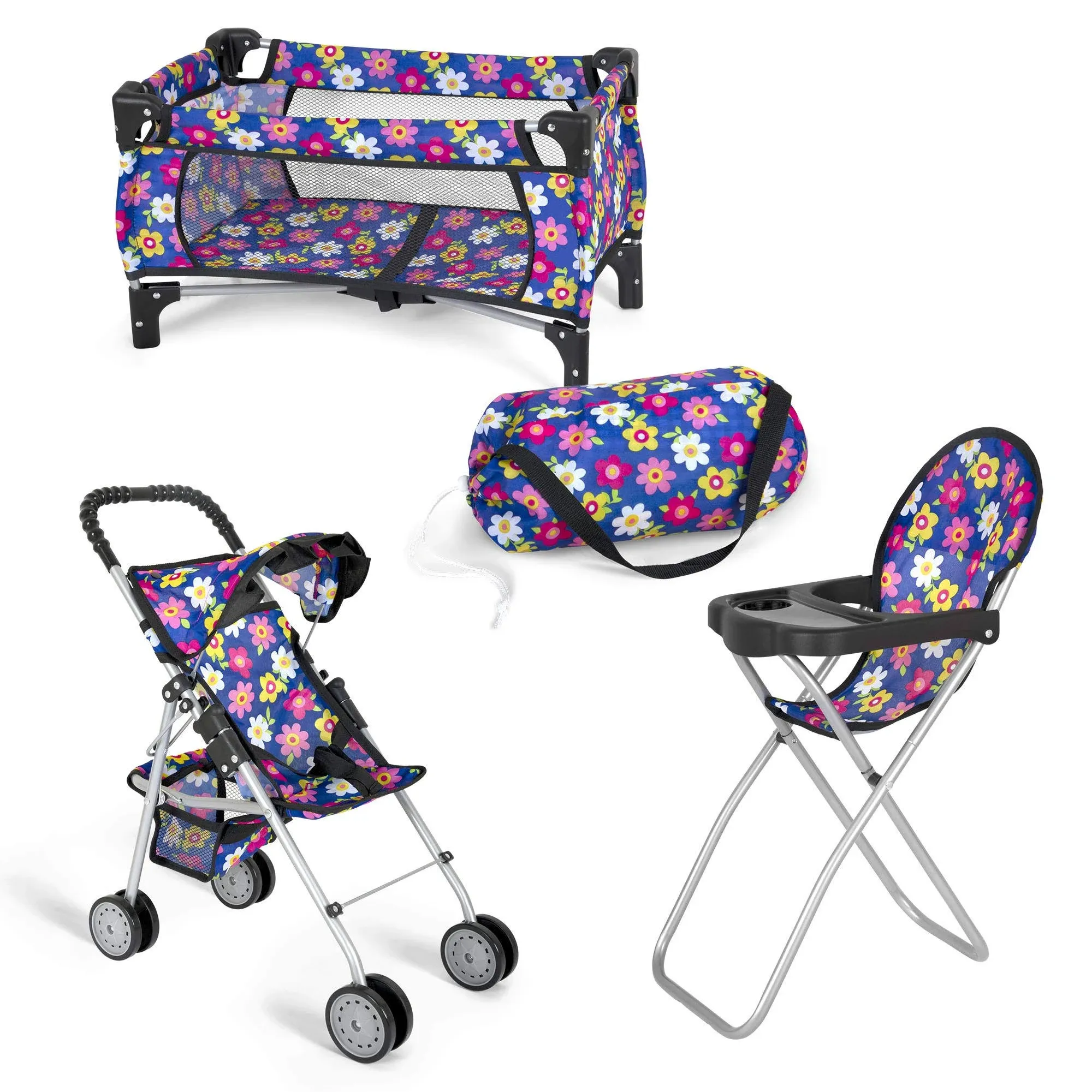 fash n kolor Doll 3 Piece Play Set Baby Doll Accessories - includes, 1 Pack N Play. 2 Doll Stroller. 3 Doll High Chair. Fits Up to 18'' Doll (Flower)