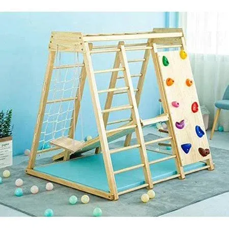 Avenlur Magnolia Indoor Playground 7-in-1 Jungle Gym Montessori Waldorf Style Wooden Climber Playset Slide, Rock Climbing Wall, Rope Wall Climber, Monkey Bars, Swing for Toddlers, Children Kids 2-6yrs