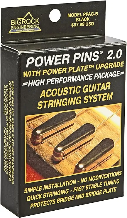 Power Pins 2.0 - Chrome Set with Power Plate Upgrade- Patented Bridge Pin System for Acoustic Guitars- Improved Tone, Amplified Sound, Easier Restringing, and Faster Tuning