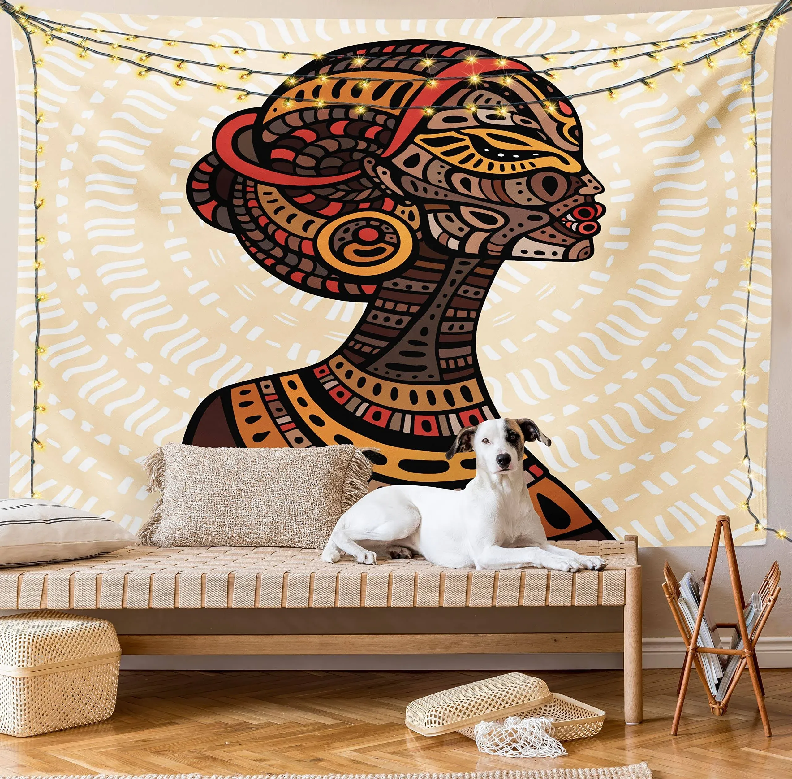 Ambesonne African Tapestry, Hand Drawn Illustration Profile Portrait Ornaments Folk Art, Wide Wall Hanging for Bedroom Living Room Dorm, 80" X 60", Cream Brown