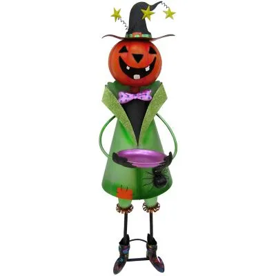 Haunted Hill Farm 40" Iron Pumpkin-Head Witch Holding Candy Dish