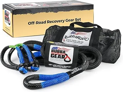 Bubba Rope Off-Road Truck Recovery Gear Set – Heavy-Duty Vehicle Tow Kit: Power Stretch Recovery Rope, 7/8” x 20’ - NexGen PRO Gator-Jaw Synthetic Shackles, 3/8” x 6.5” - Blue