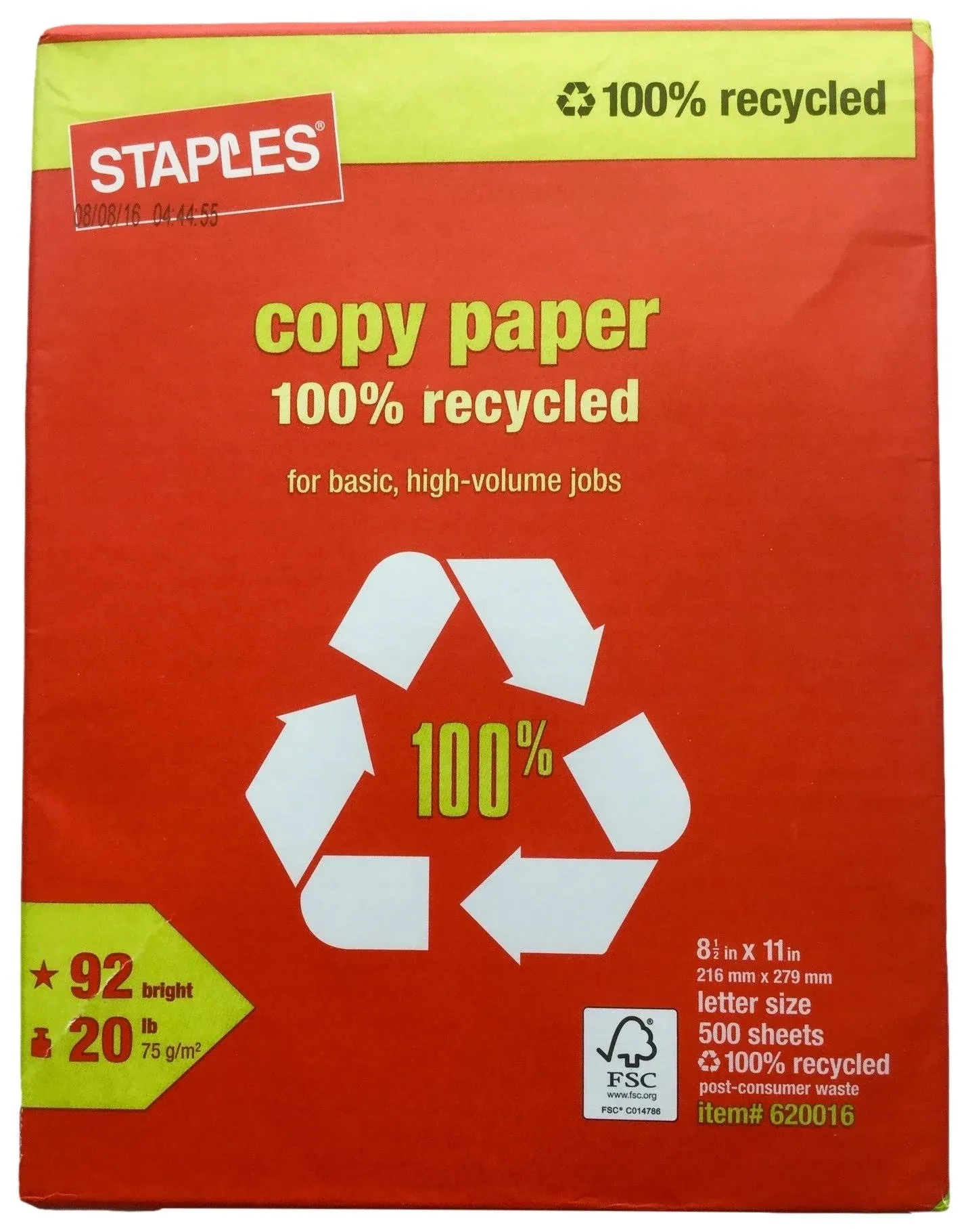 Staples 100% Recycled Copy Fax Laser Inkjet Printer Paper, Bright White, 500 Sheets