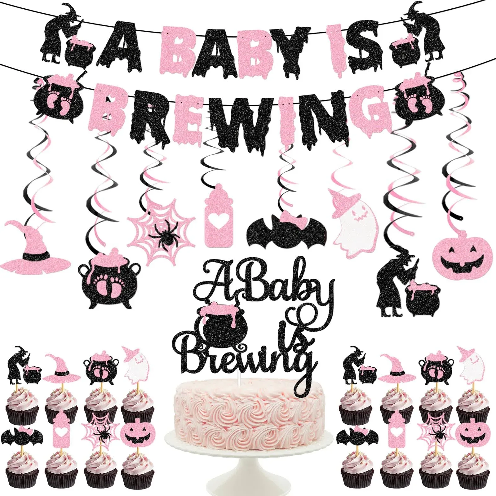 Halloween Baby Shower Party Decorations Girl Pink and Black Glitter A Baby Is ...