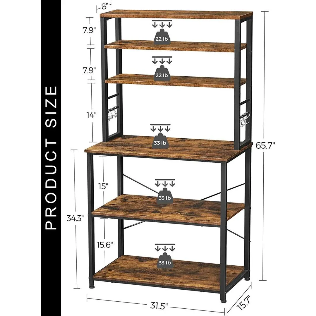 VASAGLE Kitchen Baker's Rack Coffee Bar Storage Shelf Island Rack Microwave Stand with 10 Hooks 3 Shelves Greige and Black