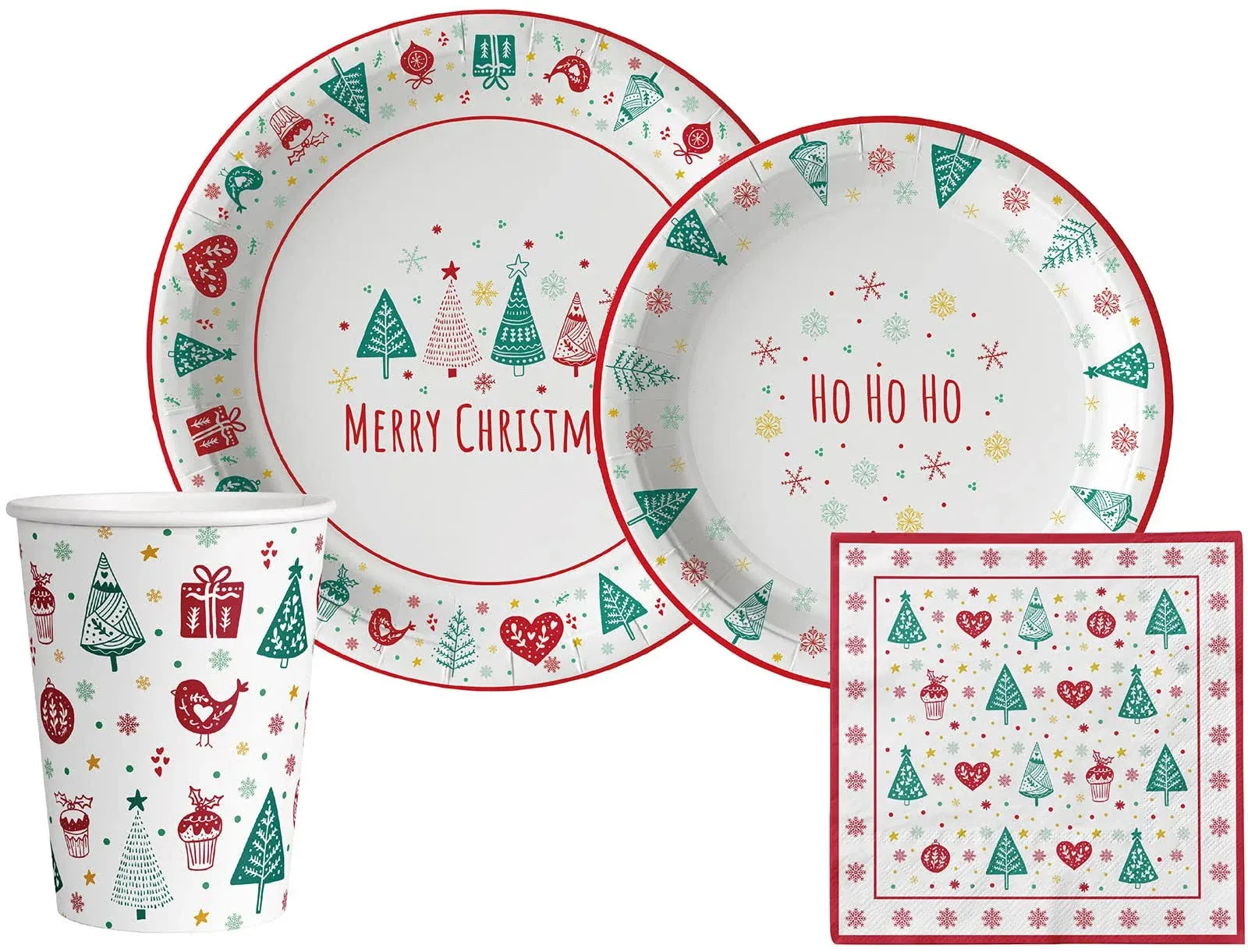 Classic Christmas Tableware Pack: Paper Plates, Napkins and Cups Set for 20