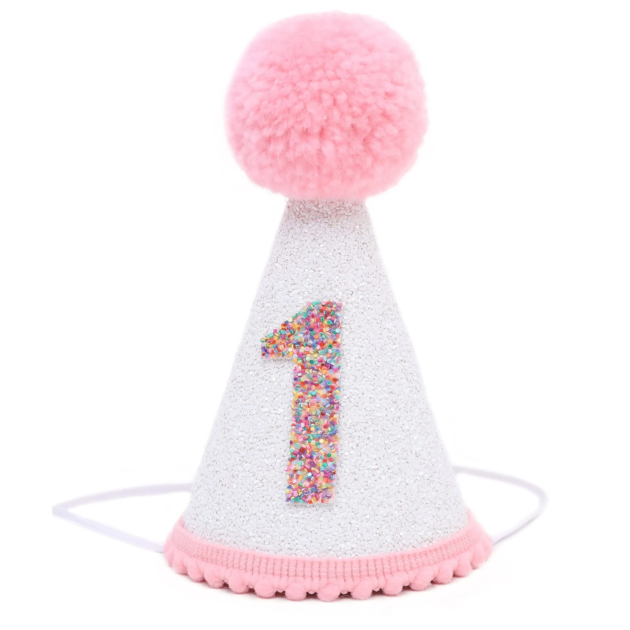 First Birthday Hat with Pink Pom Topper - Glitter White Hat, 1st Birthday Cake Smash Photo Prop, Pink Girl Decoration