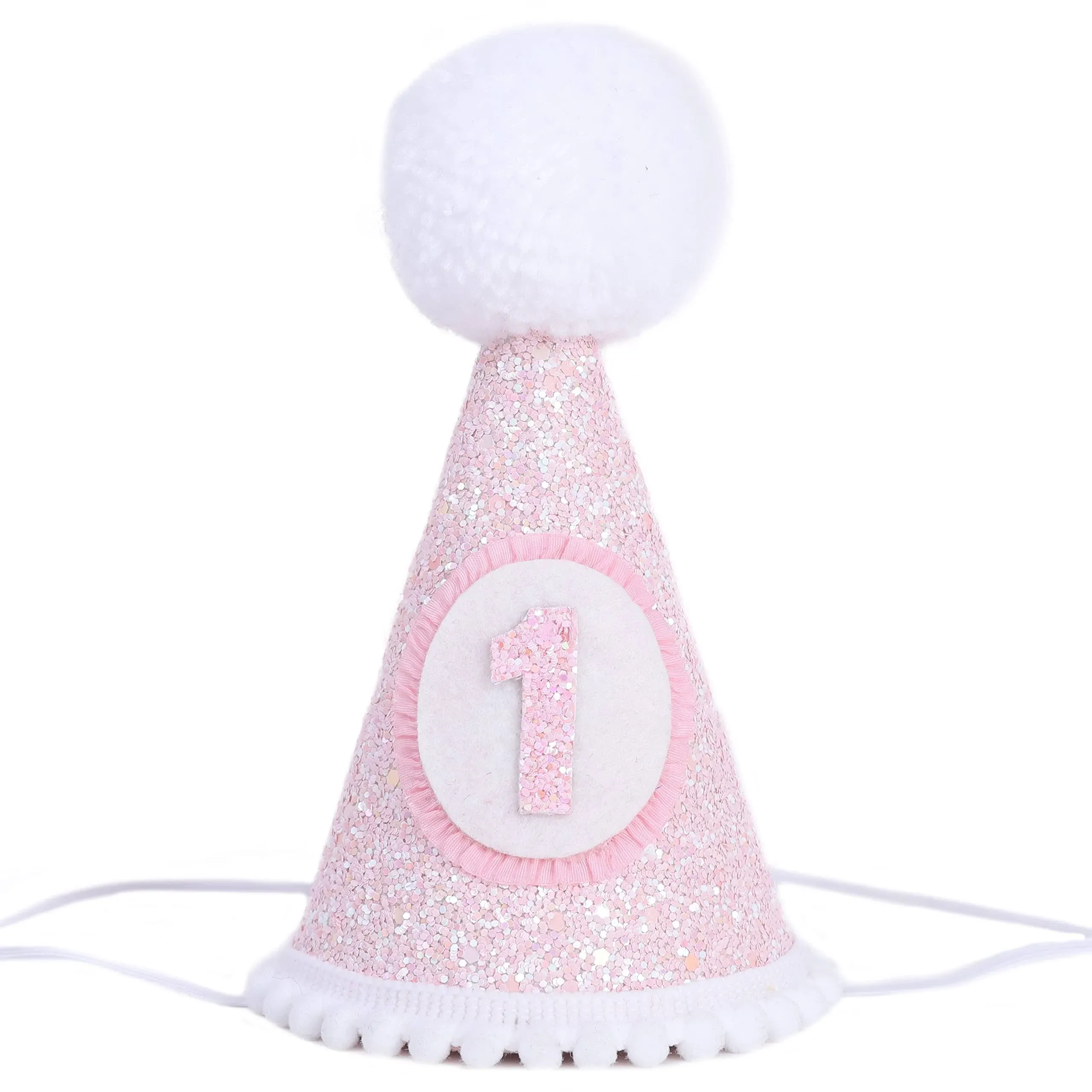 LINLULU Birthday Hat for Girls Glitter Birthday Hat with Pink Pom Topper