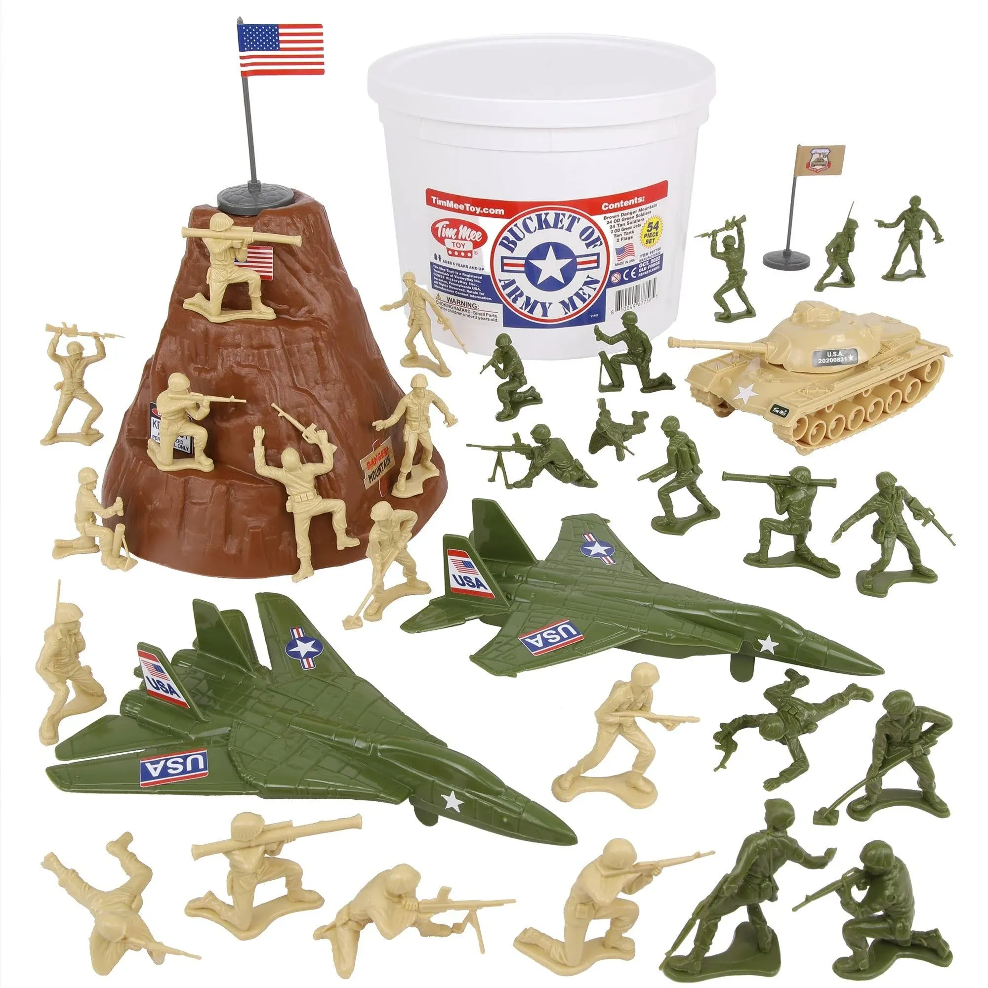 TimMee Bucket of Army Men - Tan vs. OD Green 54pc Soldier Playset - US