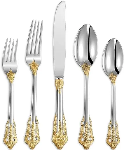 KEAWELL Luxury 20 Pieces 18/10 Stainless Steel Flatware set, Service for 4, silver plated with gold accents, Fine Silverware set and Dishwasher Safe (Gold Accent)