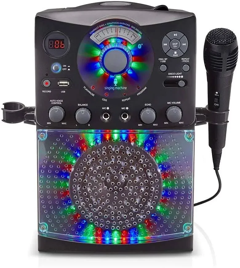 Singing Machine Portable Karaoke Machine for Adults & Kids with Wired Microphone, White - Built-In Karaoke Speaker, Bluetooth with LED Disco Lights - Karaoke System with CD+G Player & USB Connectivity