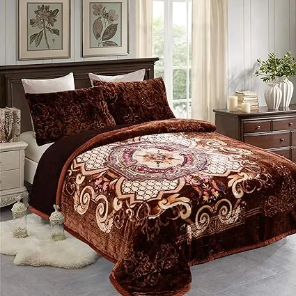 JML Plush Fleece Blanket, Sherpa Flannel Blanket (79" x 91") with 2 Pillow Shams - Heavy Thick Mink Blanket Super Soft, Warm, Thick, Printed Embossed Bed Blanket for Winter, Brown Pattern