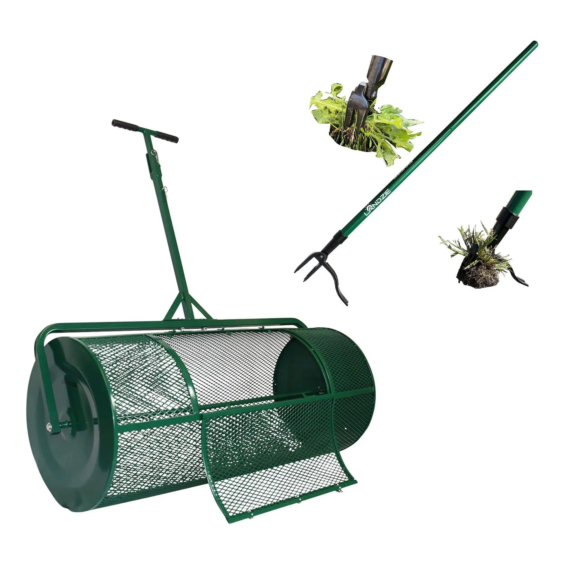 Landzie Spreader & Weeder Lawn & Garden Care Set - 44" Compost & Peat Moss Spreader w/ 44" Long Steel Stand Up Manual Weeder - Easily Weed Grass & Apply Compost, Peat Moss, Topsoil, Sand, Topdressing