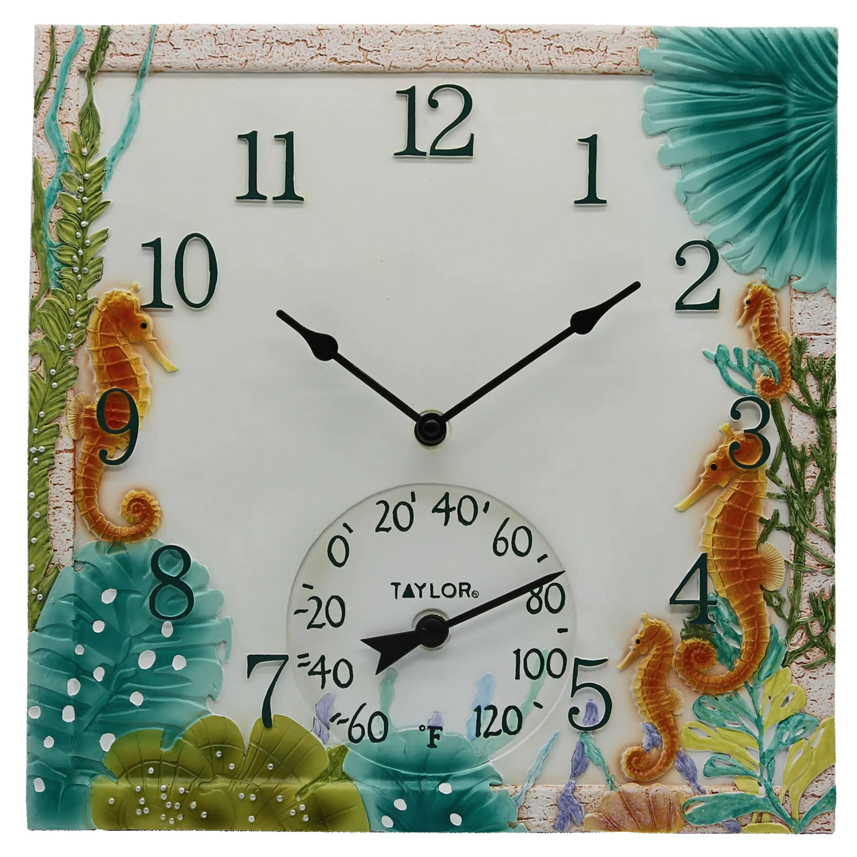 Taylor Seahorse Poly Resin Indoor and Outdoor Clock and Thermometer, Home Decor for Garden, Patio, Pool, and Indoor Areas, 14-inch, Multi-Color