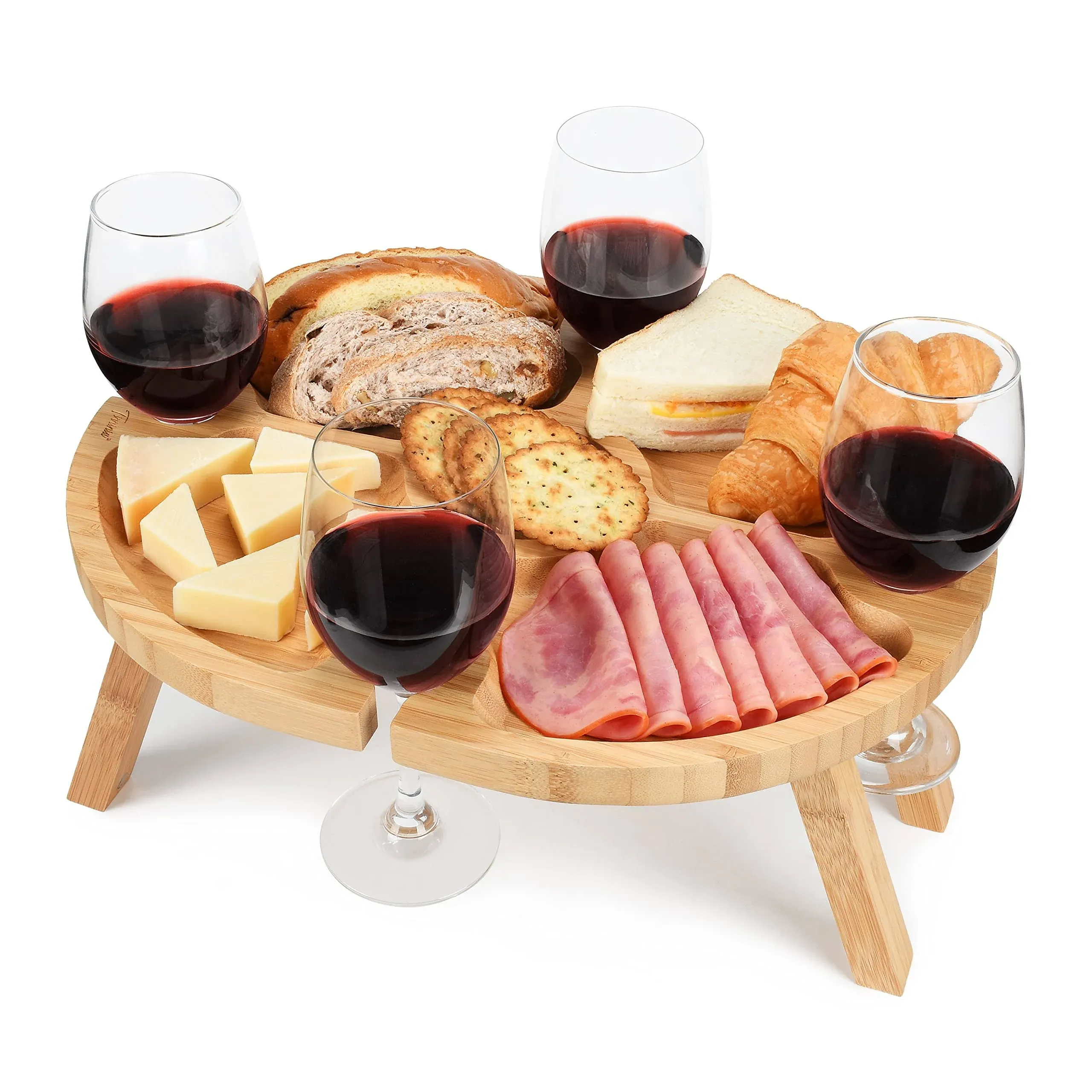 Portable Picnic Table with 4 Wine Glasses Holder, Functional Bamboo Snack Tray T