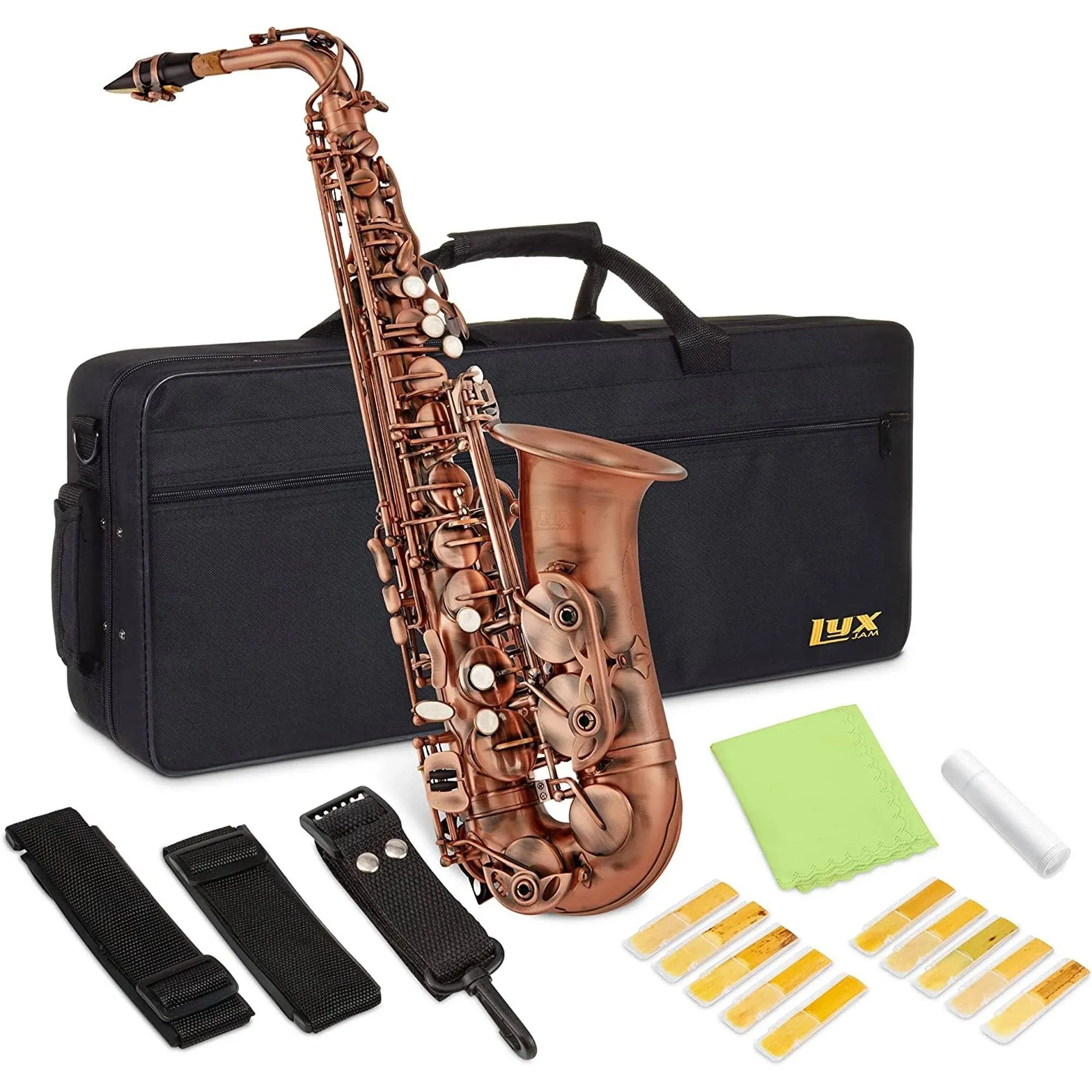 LyxJam Alto Saxophone, E Flat Brass Alto Sax Beginners Kit, Antique Red