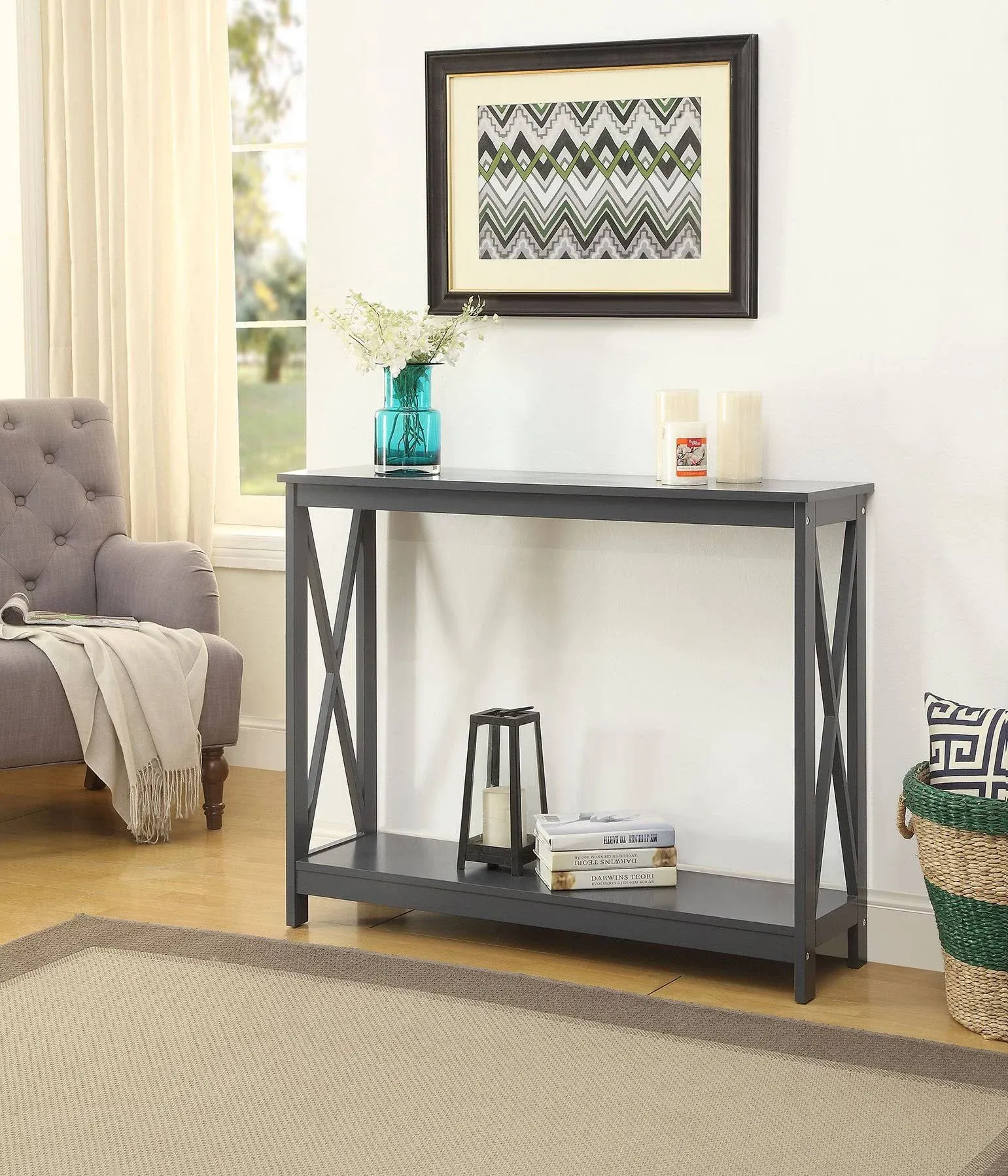 RAAMZO Grey Finish 3-Tier X-Design Occasional Console Sofa Table with Shelf ...