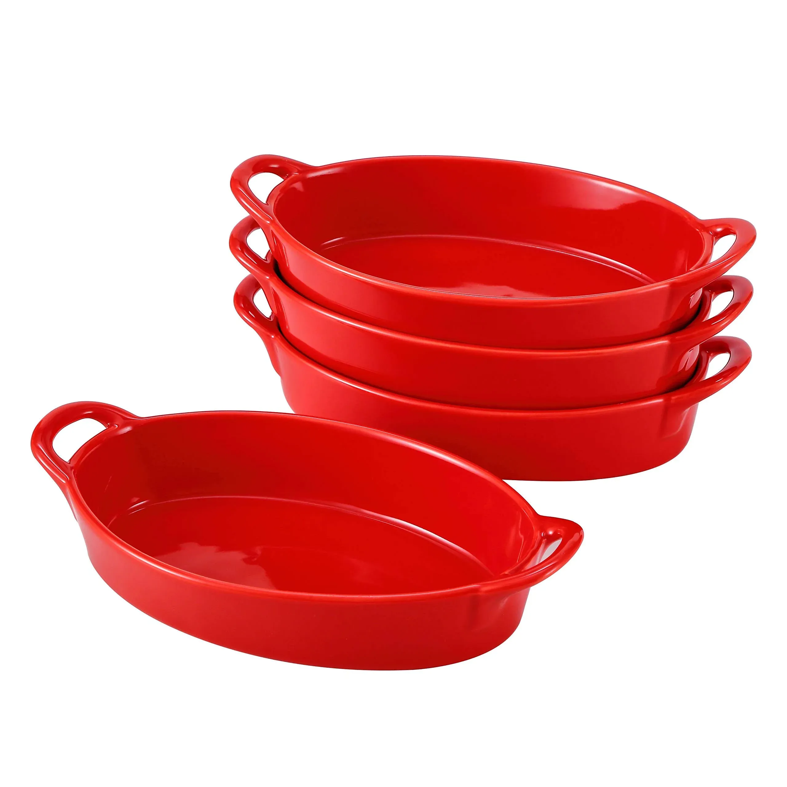  Set of 4 Oval Au Gratin 8&#034;x5&#034; Baking Dishes, Lasagna Pan, Ceramic 16 Ounce Red