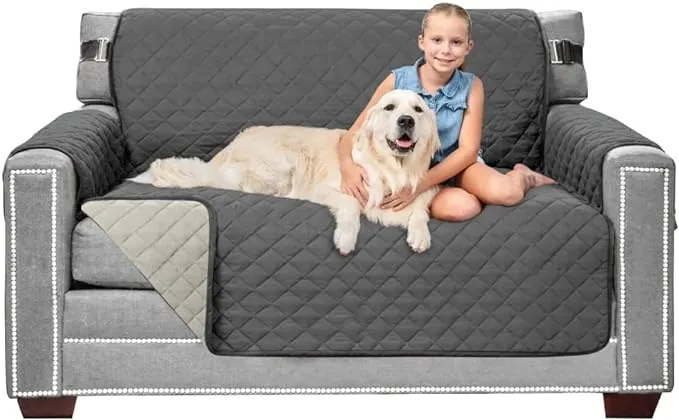 Sofa Shield Loveseat Slip Cover with Patented Strap, Cushion Protector, Reversible Stain and Dog Tear Resistant Slipcover, Quilted Microfiber 54” Seat, Washable Covers for Dogs Pet Kids Charcoal Linen