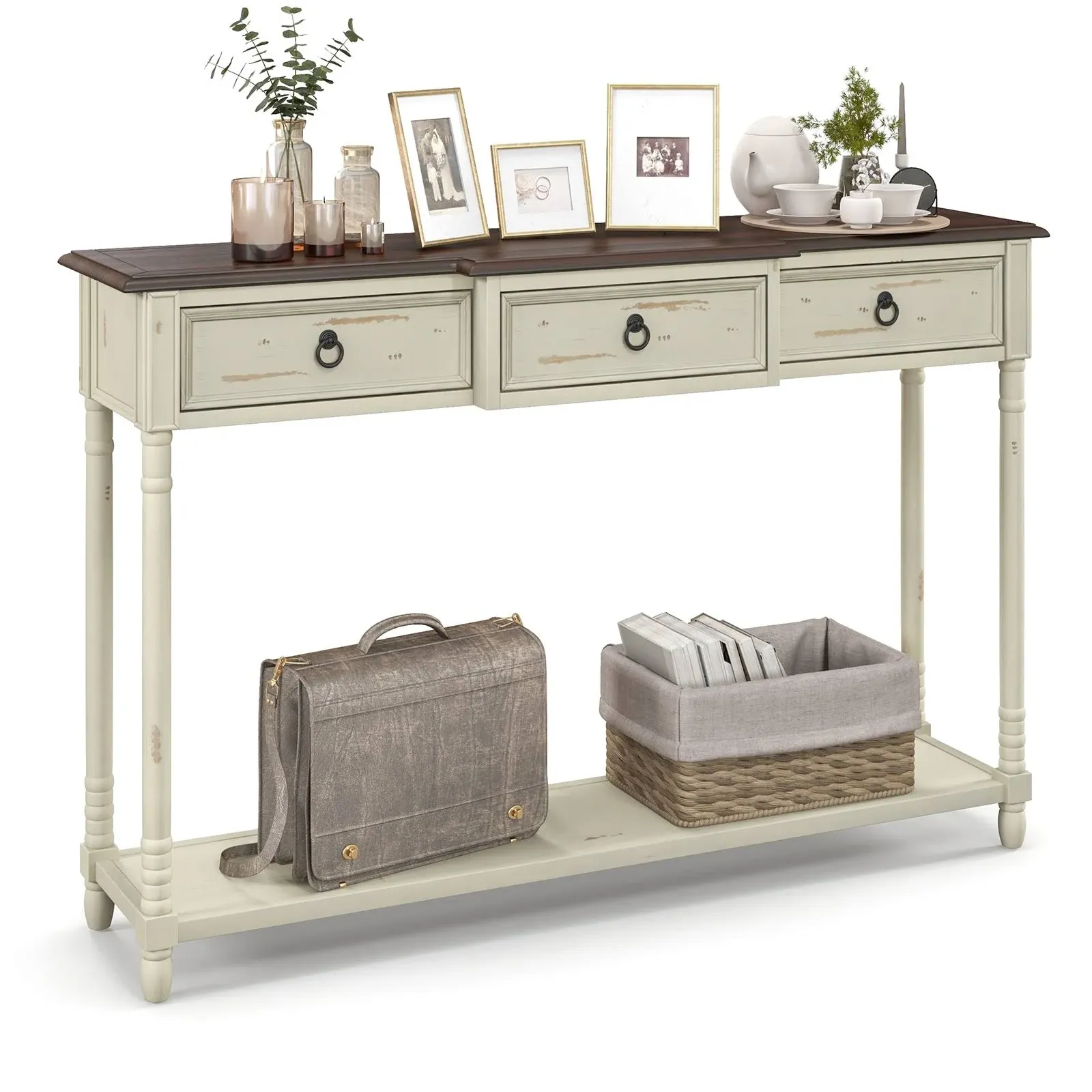 52 Inch Farmhouse Console Table with 3 Drawers and Open Storage Shelf for Hallway ...