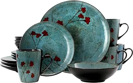 Round Stoneware Floral Dinnerware Dish Set, 16 Piece, Blue with Red Accents