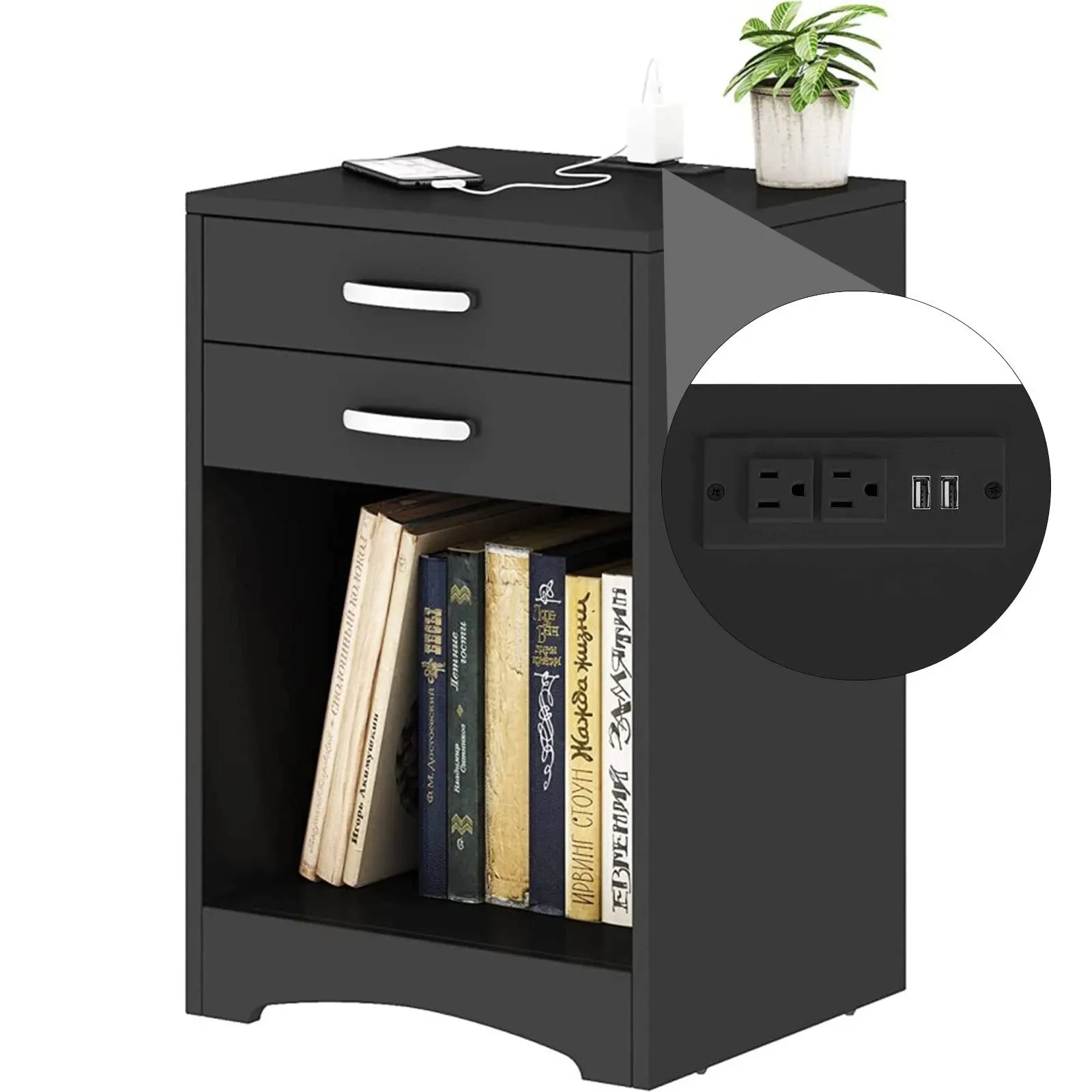 HOSEOKA Black Nightstand with Charging Station 2 Drawer Bedroom 