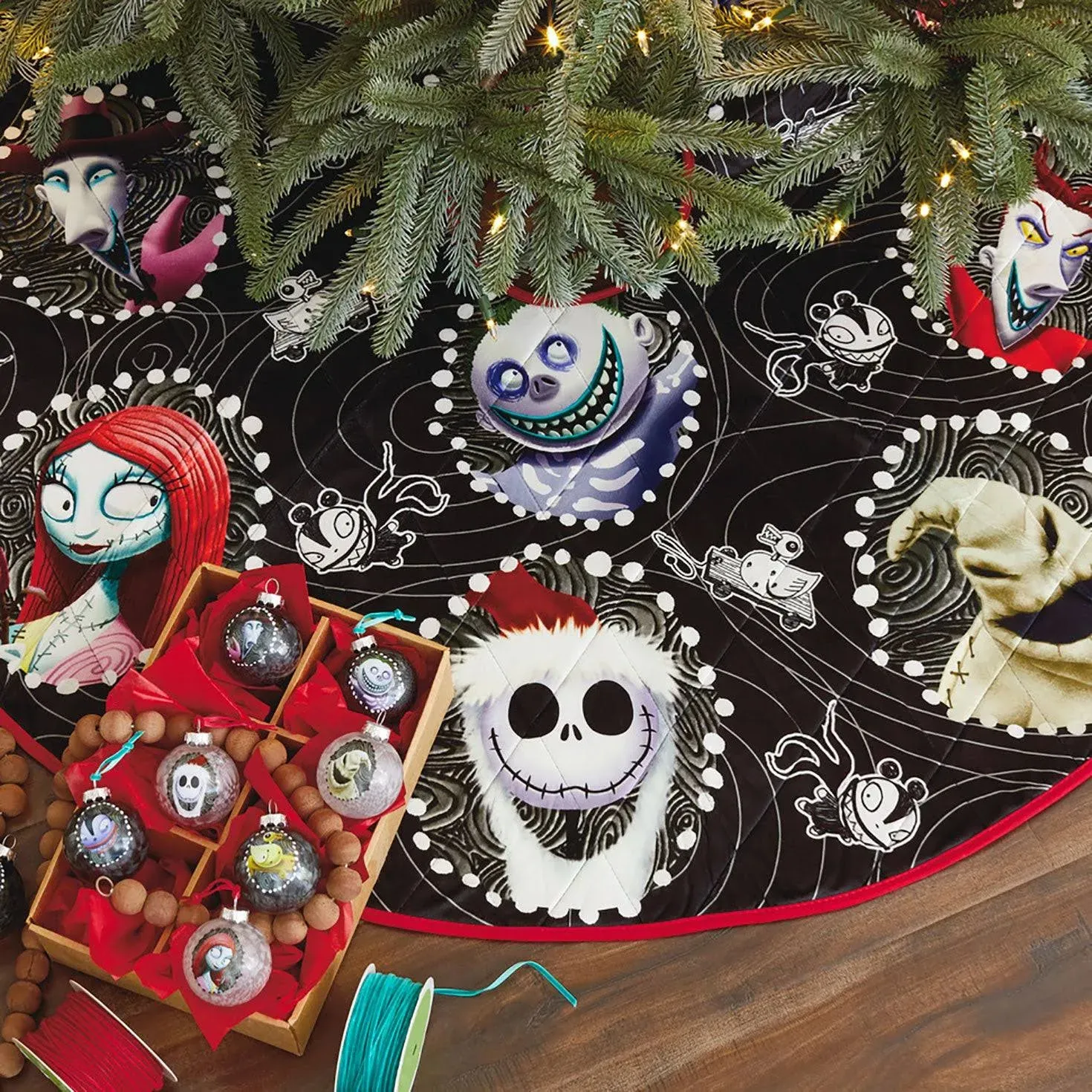 Hallmark Keepsake Christmas Tree Skirt, Disney Tim Burton's The Nightmare Before Christmas Halloween Town, 48", Fabric Tree Skirt, Gifts for Disney Fans