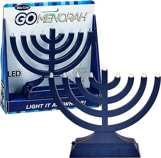 Rite Lite Go Mini Metallic Dark Blue Electric Menorah - Chanukah Menorah Jewish Holiday Party Favors Decorations Judaica Modern Hanukkah Gifts Present