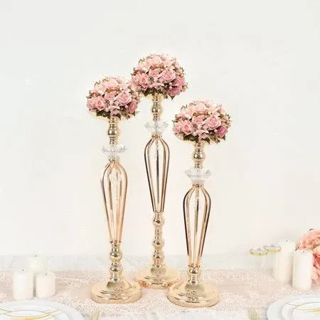 Efavormart Set of 3 Gold Metal Crystal Ball Flower Bowl Pedestal Stand Set