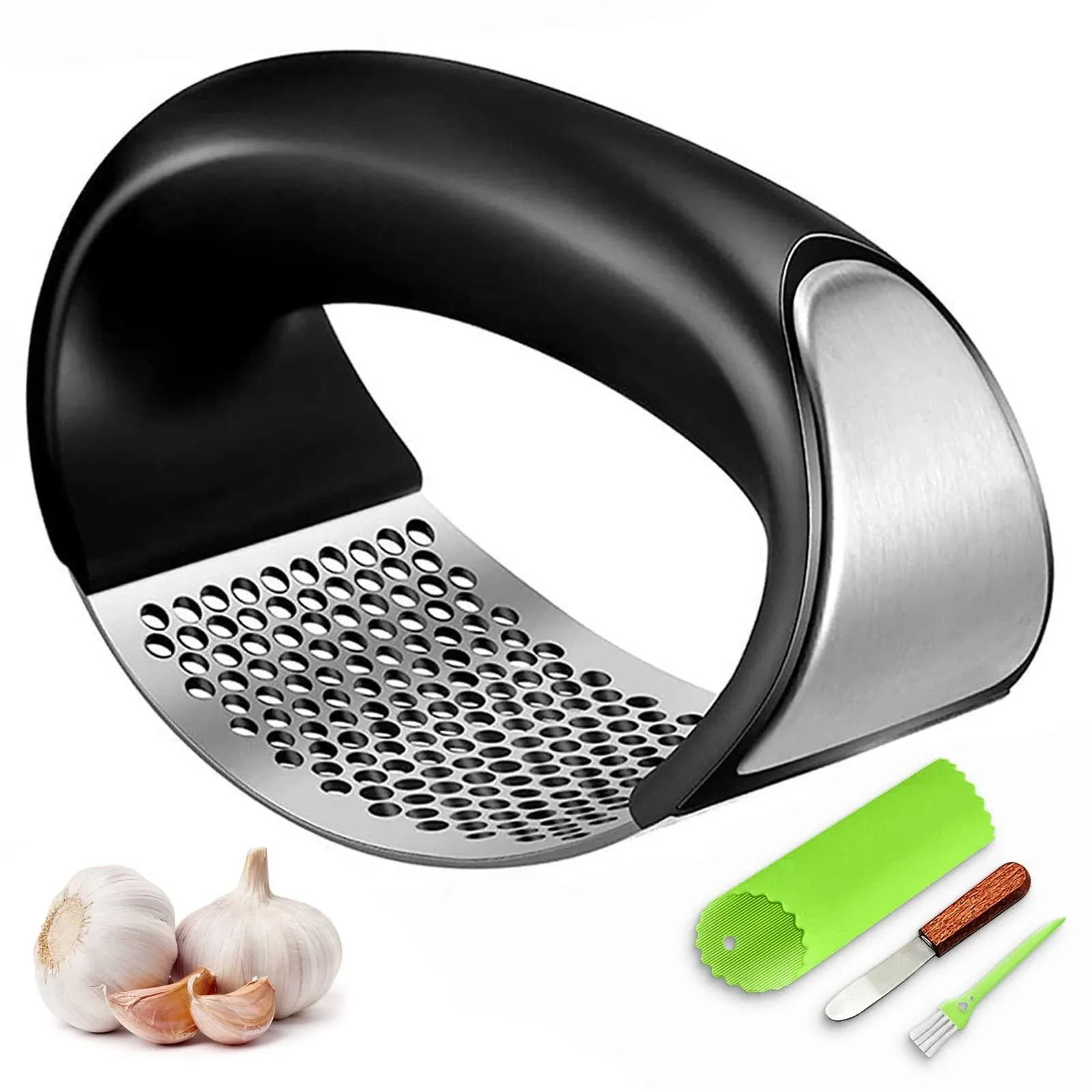 Garlic Press Rocker, Stainless Steel Garlic Mincer Crusher Professional Kitchen Gadgets Garlic Chopper with Ergonomic Handle, Silicone Garlic Peeler