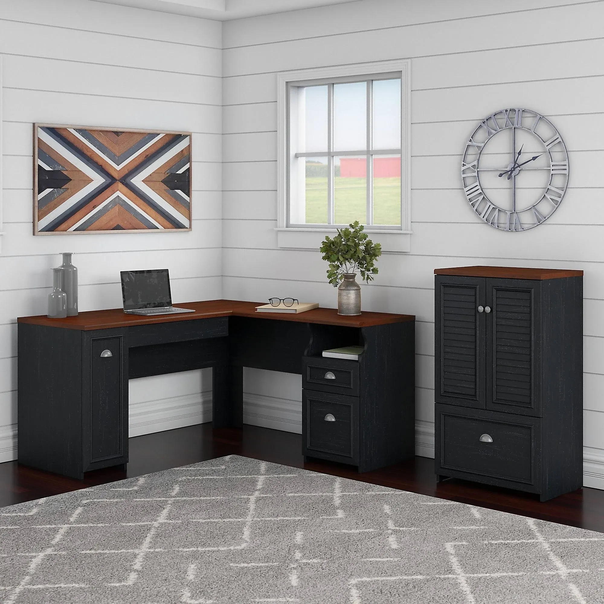 Bush Furniture Fairview 60W L Shaped Desk and 2 Door Storage Cabinet with File Drawer in Antique Black and Hansen Cherry