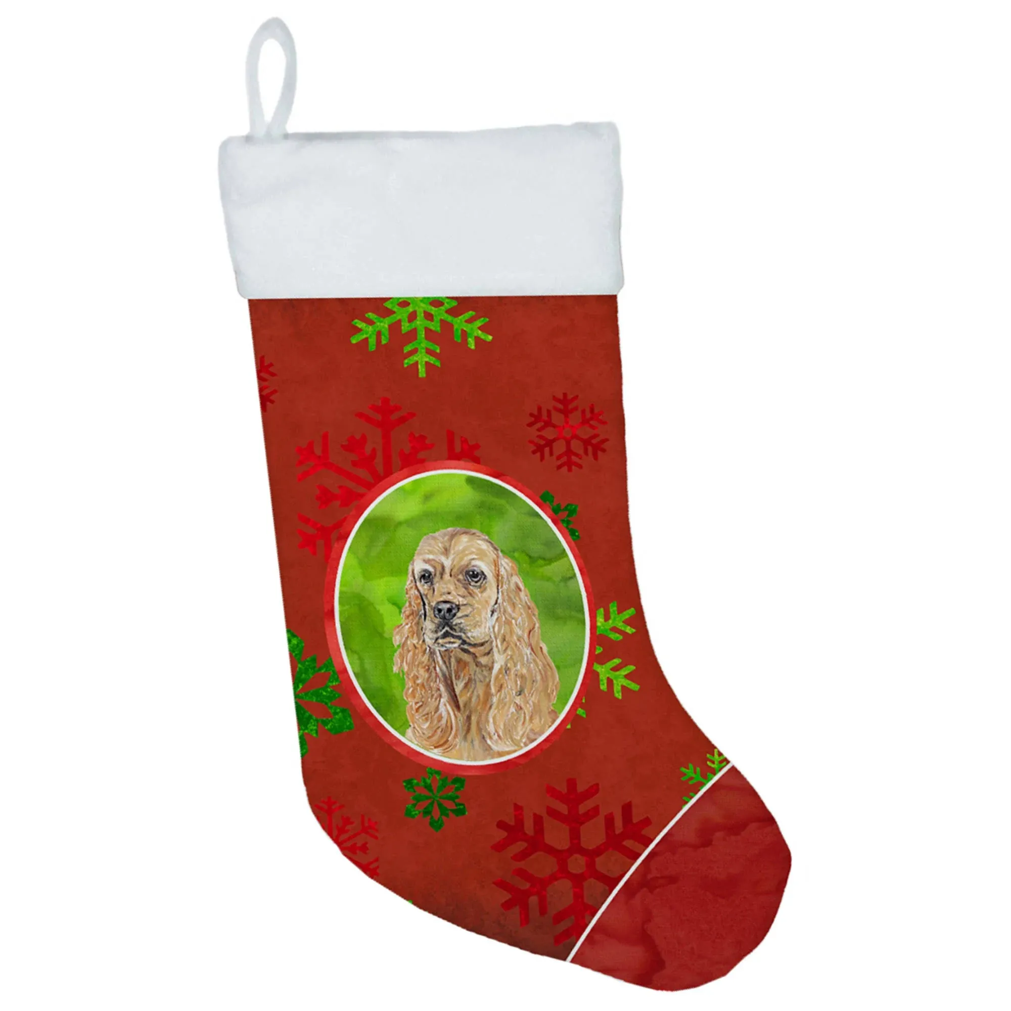 Caroline&apos;s Treasures Buff Cocker Spaniel Red Snowflakes Holiday Christmas Stocking