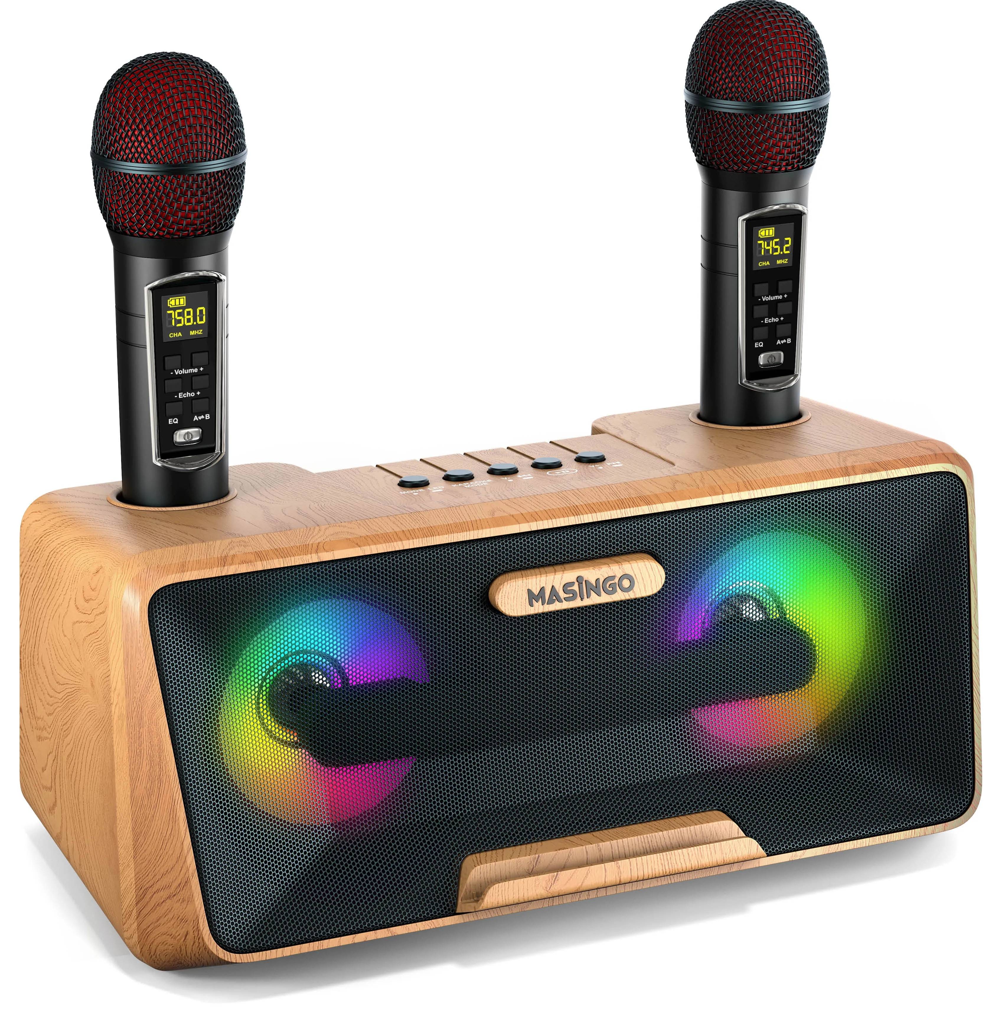 MASINGO Karaoke Machine for Adults and Kids with 2 Bluetooth Wireless Microphones. Portable Singing PA Speaker System with Disco Ball Lights, Lyrics Display Tablet Holder & TV Cable. Soprano X1 2.0