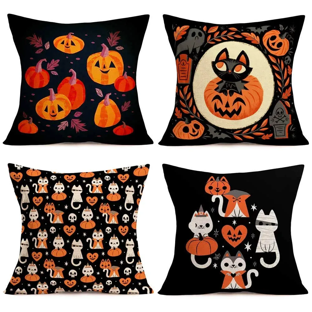 Fukeen Set of 4 Halloween Party Throw Pillow Covers Cute Cat Pumpkin Maple Leaf ...