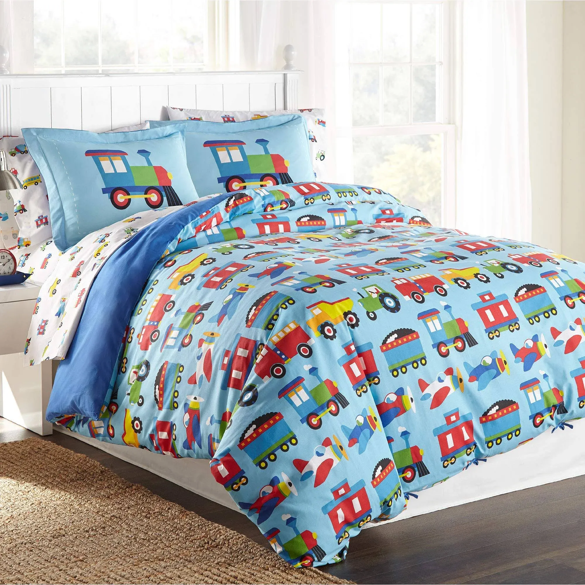 Wildkin Kids 100% Cotton Full Duvet Covers for Boys and Girls, Kids Duvet Cover Measures 88 x 88 Inches, Features Button Closure and Interior Corner Ties(Trains, Planes & Trucks)