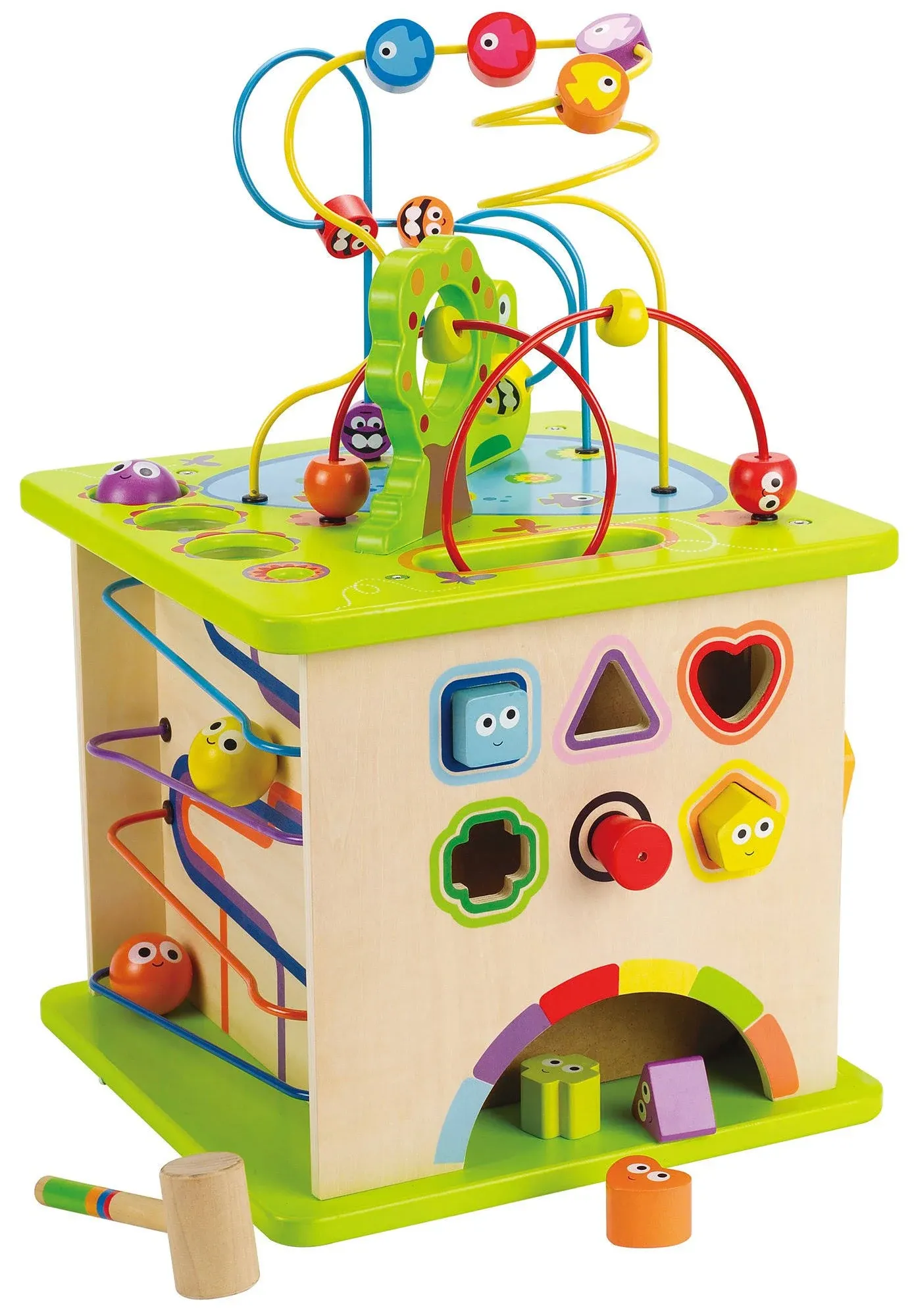 Country Critters Wooden Activity Play Cube by Hape | Wooden Learning Puzzle Toy for Toddlers, 5-Sided Activity Center with Animal Friends, Shapes, Mazes, Wooden Balls, Shape Sorter Blocks and More, 13.78 x 13.78 x 19.69 inches