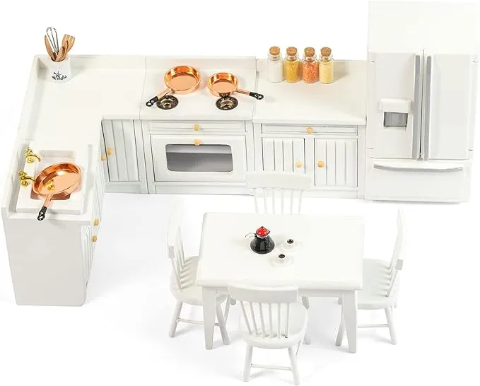 SAMCAMI Wooden Dollhouse Furniture Set - Miniature Dollhouse Furniture 1 12 Scale for Dollhouse Kitchen - Doll House Furniture Toys Incl Kitchen Cabinets, Dining Table, Refrigerator and Others (White)