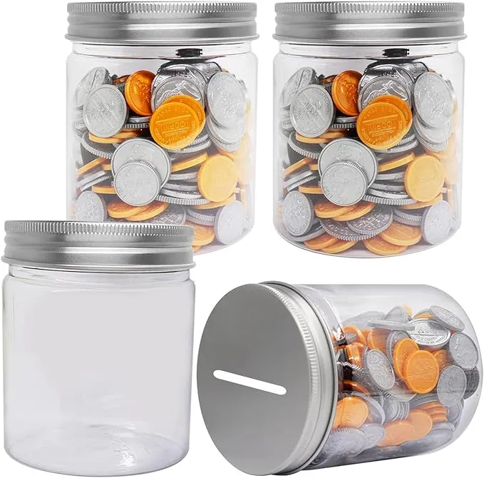 Mczcent Small Coin Bank Jars 4-Pack, 16oz Clear Plastic Coin Money Tip Coin Jars ...