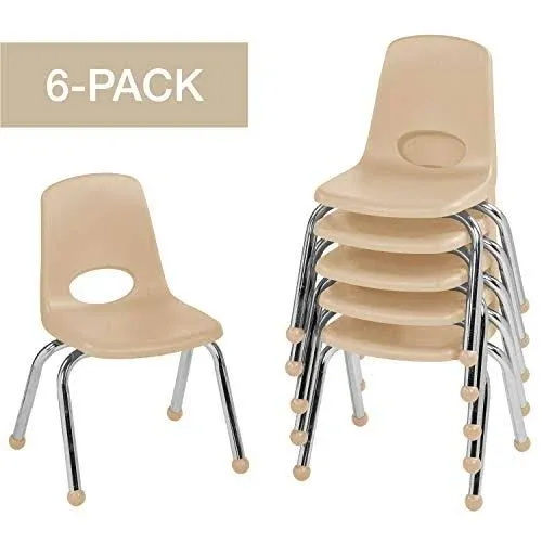 12" School Stack Chair, Stacking Student Chairs with Chromed Steel Legs and Ball Glides - Sand (6-pack)