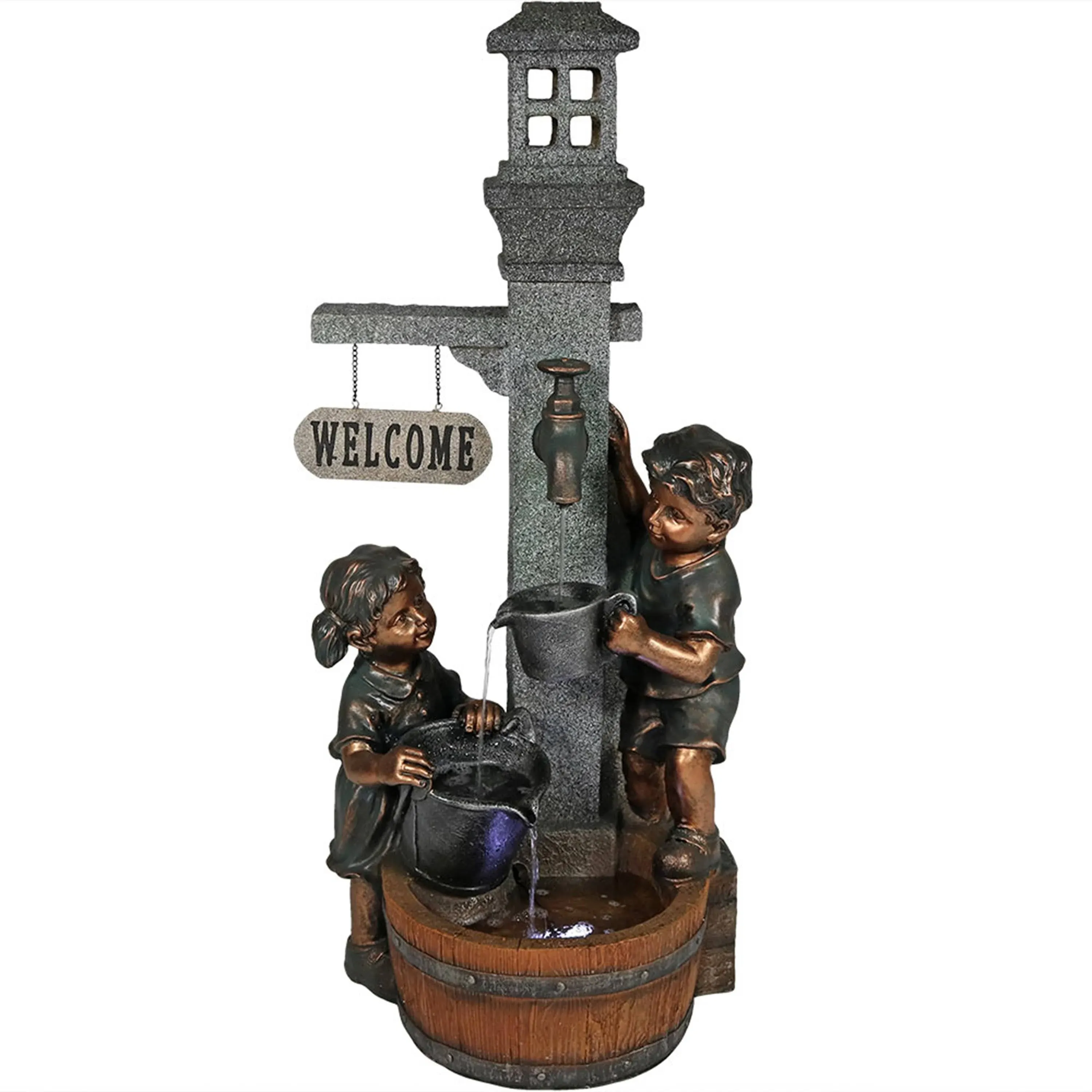 Sunnydaze 40-Inch Children Playing with Faucet Outdoor Fountain Statue with LED Lights