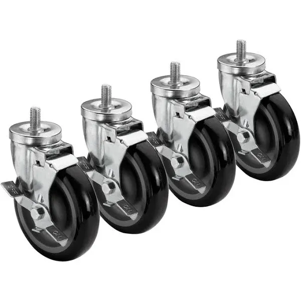 Krowne 28-146S Krowne Threaded Stem Caster, Swivel with Brake, 5" Diameter, 3/4"-10 x 1" Threaded stem, 220 lbs per Caster Load Capacity, Grease Resistant, Raises Height of Equipment 6" (Set of 4)