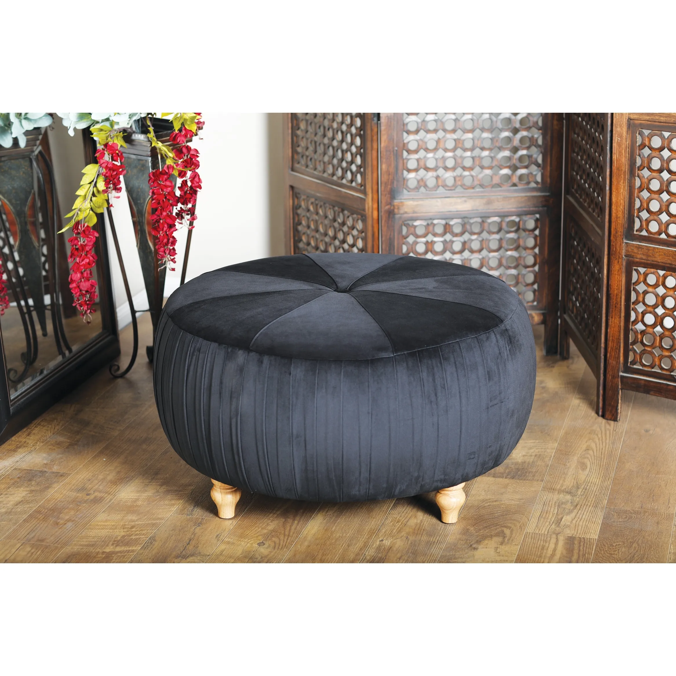 Glam 18" Velvet Fabric Ottoman in Wood by Marisol + Daisy - Black