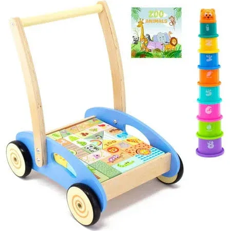 PIDOKO KIDS Wooden Baby Walker - 1 Year Old Boy Girl Gifts - includes Stacking Sorting Cups, Zoo Themed Blocks and Book - Developmental Montessori Learning Toys for Babies 12 Months +